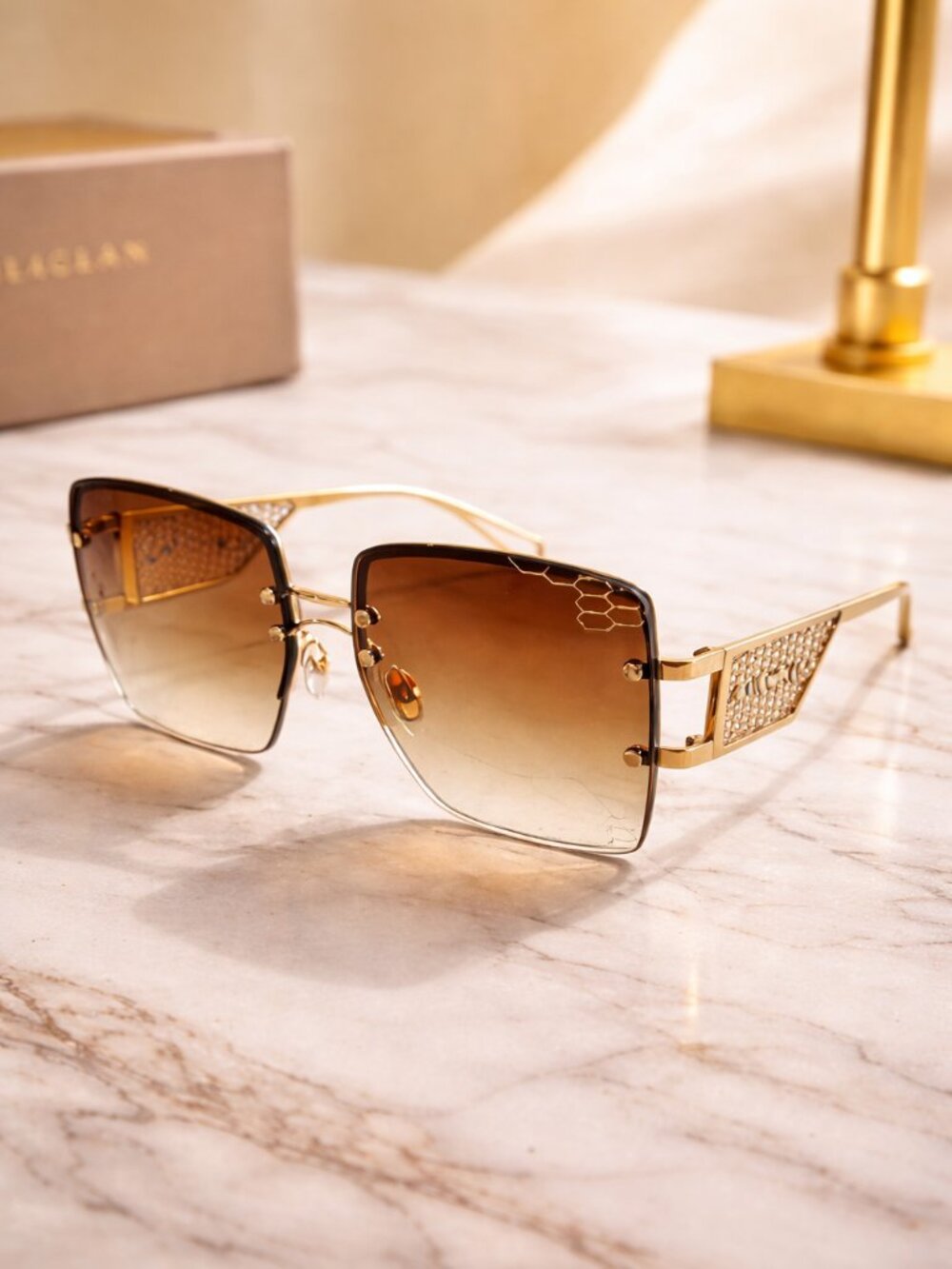 Bulgari Gold Frame Gradient Brown Square Sunglasses